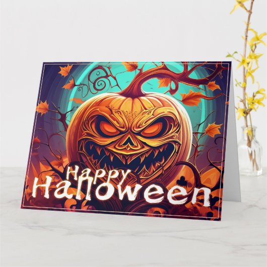 Angstaanjagende Oranje pompoen met gezicht, Hallow Kaart (Gele Bloem)