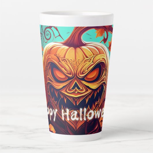 Angstaanjagende Oranje pompoen met gezicht, Hallow Latte Mok (Voorkant)