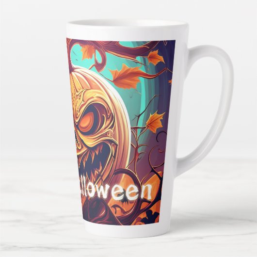 Angstaanjagende Oranje pompoen met gezicht, Hallow Latte Mok (Rechts)