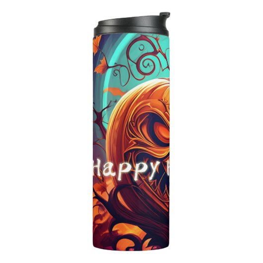 Angstaanjagende Oranje pompoen met gezicht, Hallow Thermosbeker (Gedraaid links)