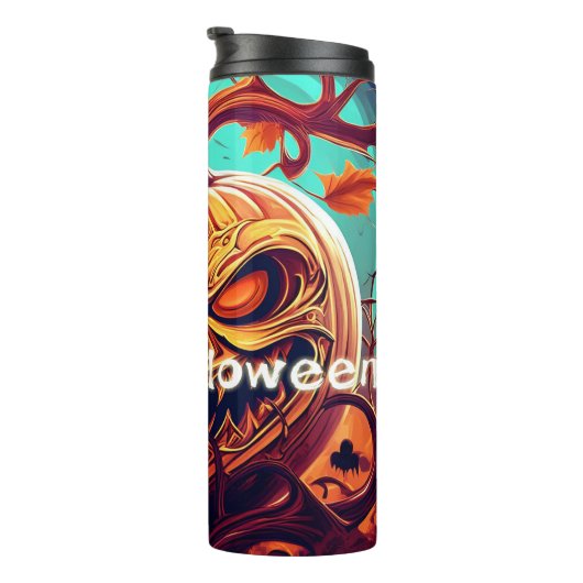 Angstaanjagende Oranje pompoen met gezicht, Hallow Thermosbeker (Geroteerd rechts)