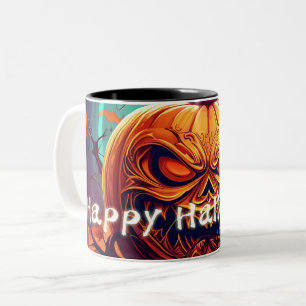 Angstaanjagende Oranje pompoen met gezicht, Hallow Tweekleurige Koffiemok