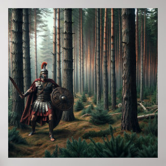 Angstaanjagende Romeinse soldaat in Verdant Forest Poster