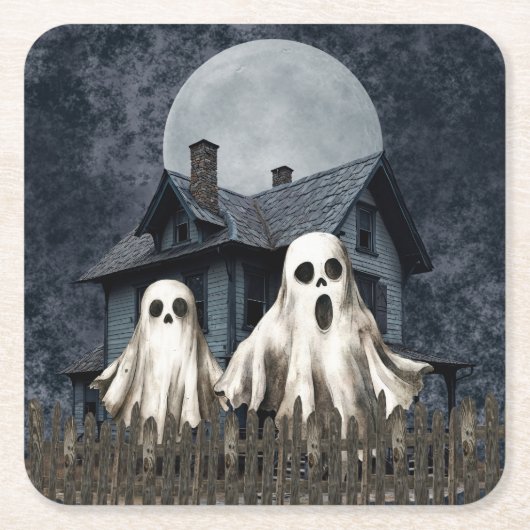 Angstaanjagende witte geesten op een spookachtige  kartonnen onderzetters (Voorkant)