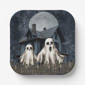 Angstaanjagende witte geesten op een spookachtige  papieren bordje (Voorkant)
