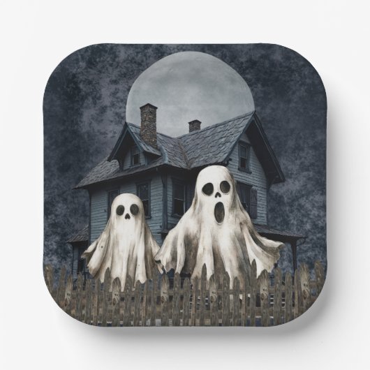 Angstaanjagende witte geesten op een spookachtige  papieren bordje (Voorkant)