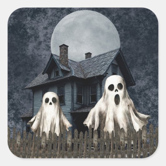 Angstaanjagende witte geesten op een spookachtige  vierkante sticker (Voorkant)