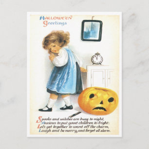 Angstig Klein Meisje En Pompoen Vintage Ansichtkaa Briefkaart