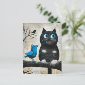 Angstige zwarte kat en blauwe vogel op tak briefkaart (Staand voorkant)