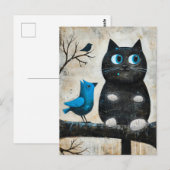 Angstige zwarte kat en blauwe vogel op tak briefkaart (Voorkant / Achterkant)