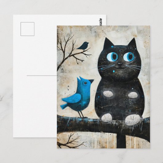 Angstige zwarte kat en blauwe vogel op tak briefkaart (Voorkant / Achterkant)