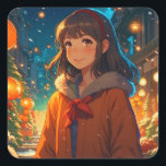 Ani-mazing Christmas Anime Pun Vierkante Sticker<br><div class="desc">Anime meisje buiten op een winternacht kerstkaart.</div>