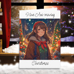 Ani-verbazingwekkende Kerstmis | Winternacht Kaart<br><div class="desc">Anime meisje buiten op een winternacht kerstkaart.</div>