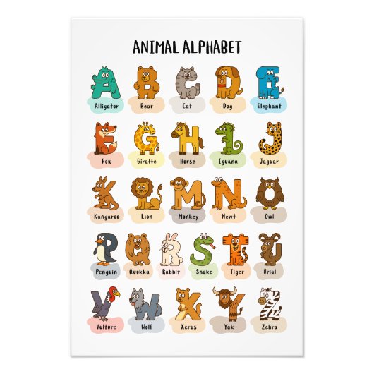 Animal Alphabet Poster - Schattigee Educatieve A t (Voorkant)