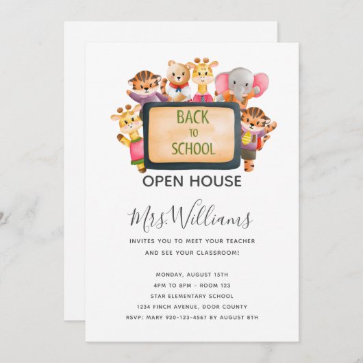 Animal Back to School Open House Invitation Kaart (Voorkant / Achterkant)