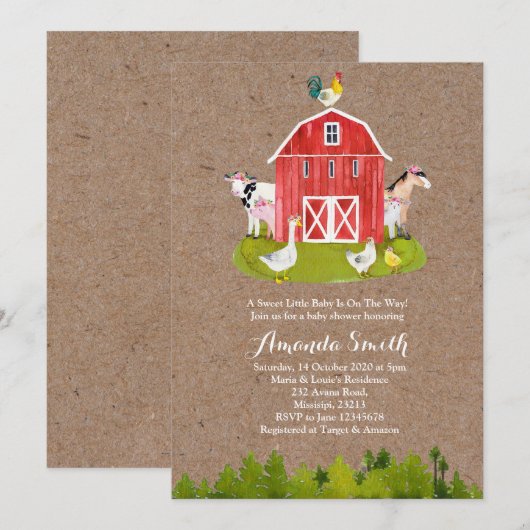 Animal Boerderij Baby shower Invitation Kaart (Voorkant / Achterkant)