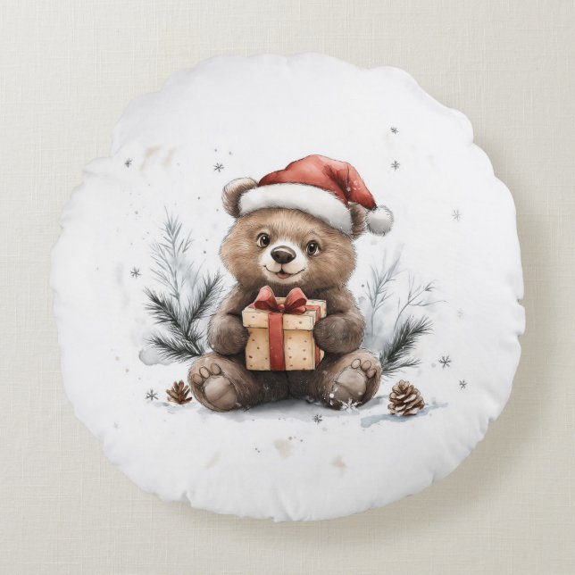 Animal Christmas Series Baby Beer Santa Hat Rond Kussen (Voorkant)