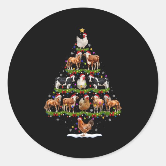 Animal Christmas Tree Lights Chicken Cow Goat Farm Ronde Sticker (Voorkant)