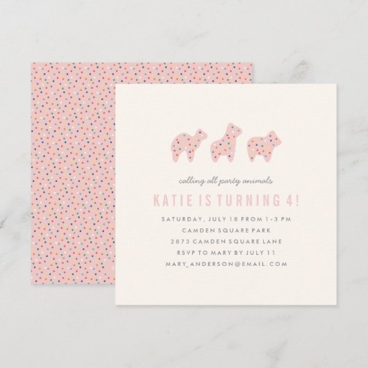 Animal Cookie Birthday Invitation - Bubblegum Kaart (Voorkant / Achterkant)