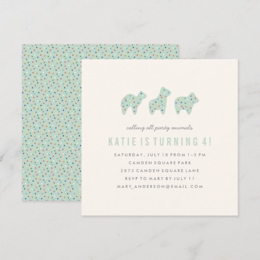 Animal Cookie Birthday Invitation - Mint Kaart (Voorkant / Achterkant)