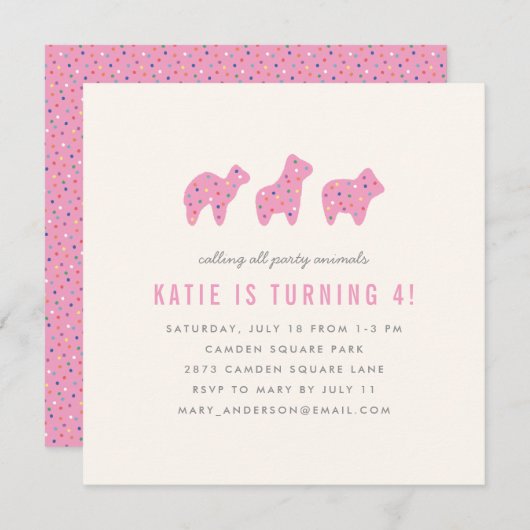 Animal Cookie Birthday Party Invitation - Magenta Kaart (Voorkant / Achterkant)