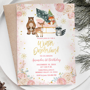 Animal Forest Pink Winter Onederland Birthday Kaart