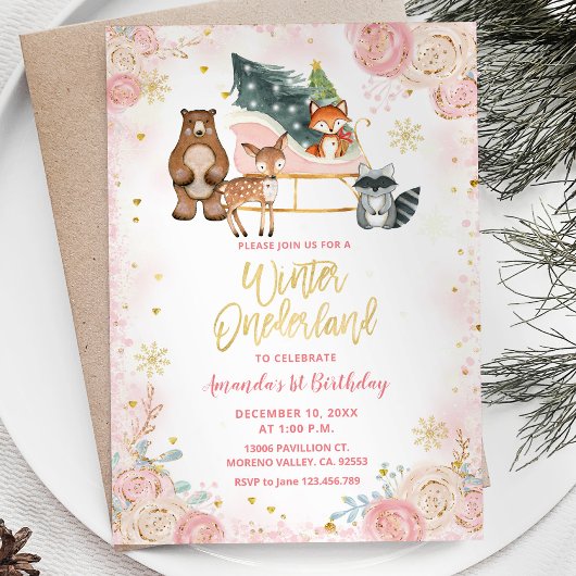 Animal Forest Pink Winter Onederland Birthday Kaart