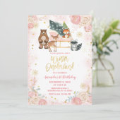 Animal Forest Pink Winter Onederland Birthday Kaart (Staand voorkant)