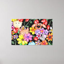 Animal Friends Among the Flowers Canvas Afdruk