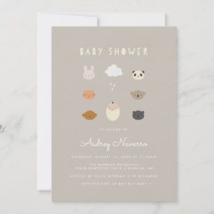 Animal Friends Baby shower Taupe Invitation Kaart