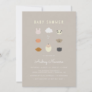 Animal Friends Baby shower Taupe Invitation Kaart