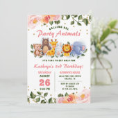 Animal Friends Pink Floral Greenery Birthday Kaart (Staand voorkant)