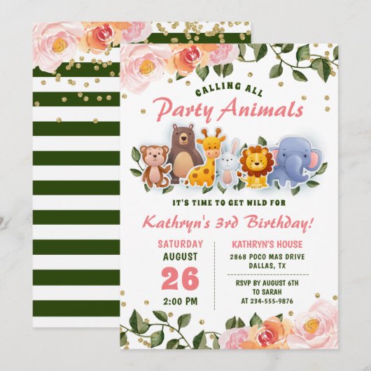 Animal Friends Pink Floral Greenery Birthday Kaart (Voorkant / Achterkant)