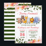 Animal Friends Pink Floral Greenery Birthday Kaart<br><div class="desc">Animal Friends Pink Floral Greenery Birthday Invitation</div>