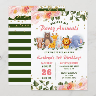 Animal Friends Pink Floral Greenery Birthday Kaart