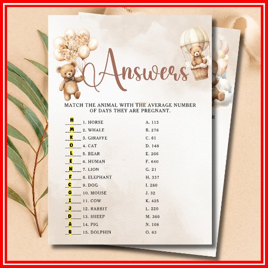 ANIMAL GESTATION Baby shower Game Schattige Beer Kaart