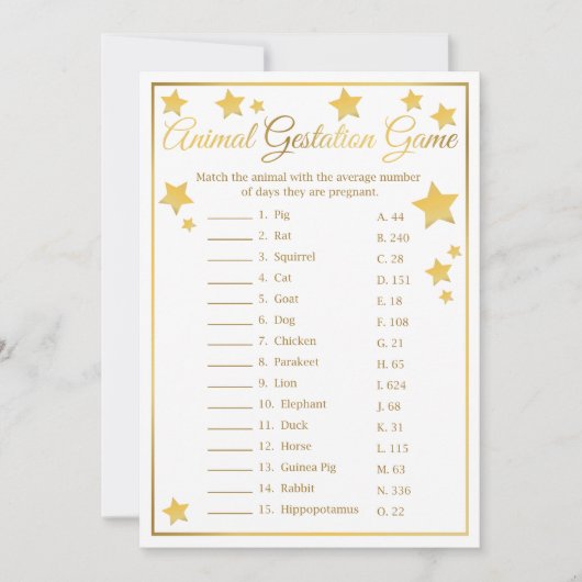 Animal Gestation Gold Star Baby shower spel Kaart (Voorkant)