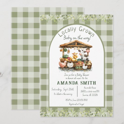 Animal Gingham Market Lokaal geteeld Baby shower Kaart (Voorkant / Achterkant)