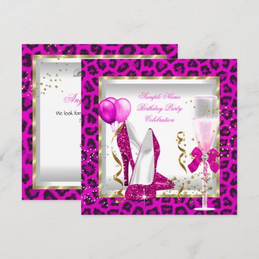 Animal Hot Pink Gold Glitter Heels Birthday Party Kaart (Voorkant / Achterkant)