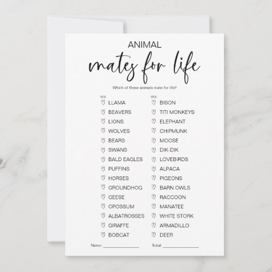 Animal Mates voor Life Vrijgezellenfeest Game Kaart (Voorkant)