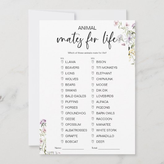 Animal Mates voor Life Vrijgezellenfeest Game Kaart (Voorkant)