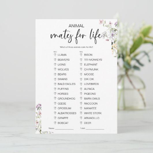 Animal Mates voor Life Vrijgezellenfeest Game Kaart (Staand voorkant)