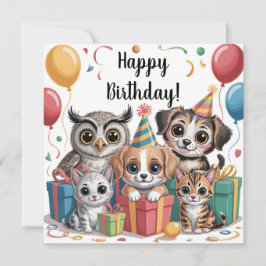 Animal Party Illustration with Puppies, Kittens Kaart