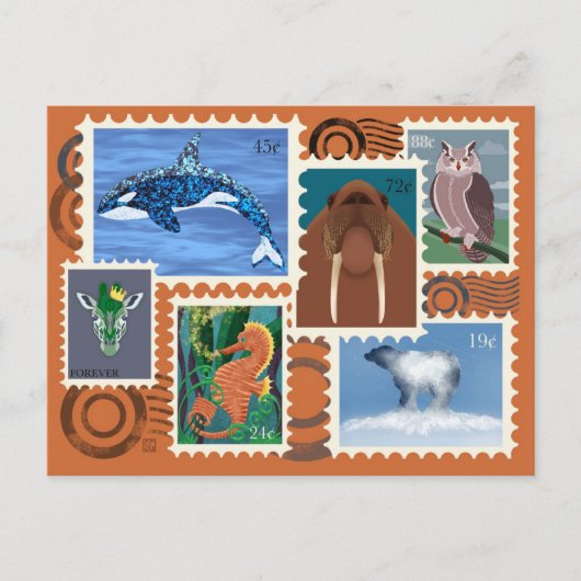 Animal Postage Stamps Postcards Feestdagenkaart (Voorkant)