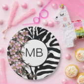 Animal Print Roze Wilde Bloem Monogram Zwart Wit Papieren Bordje (Feest)