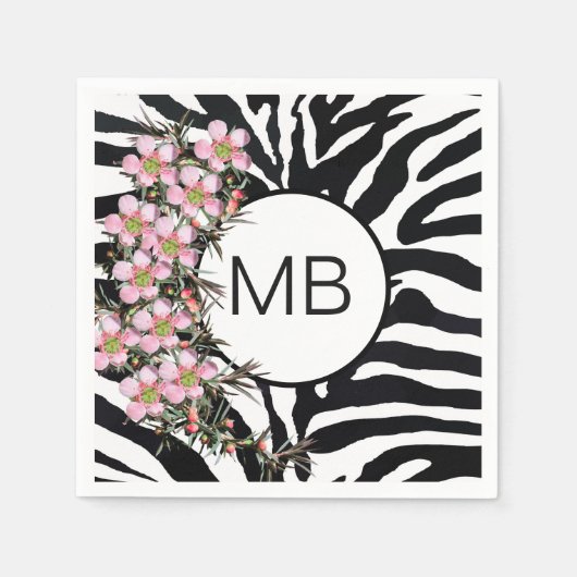 Animal Print Roze Wilde Bloem Monogram Zwart Wit Servet (Voorkant)