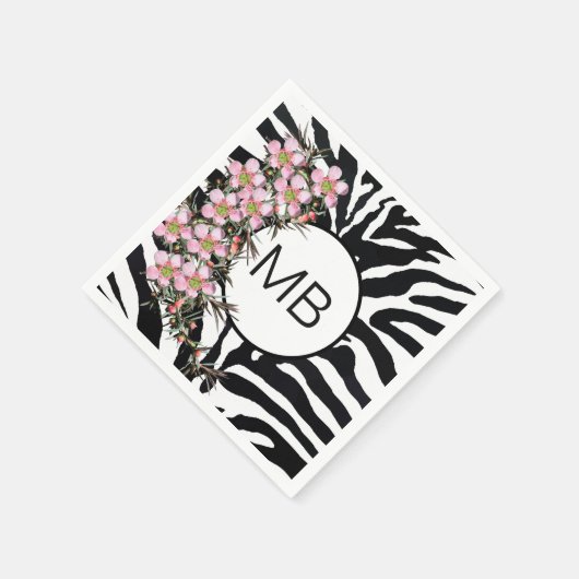 Animal Print Roze Wilde Bloem Monogram Zwart Wit Servet (Hoek)