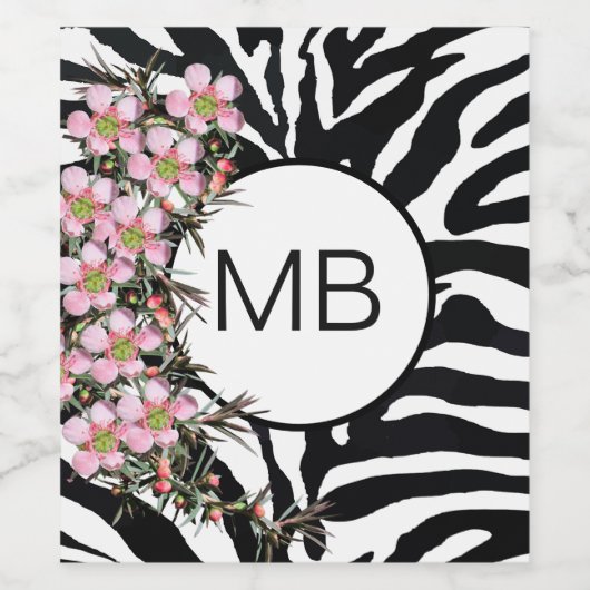 Animal Print Roze Wilde Bloem Monogram Zwart Wit Wijn Etiket (Enkel label)