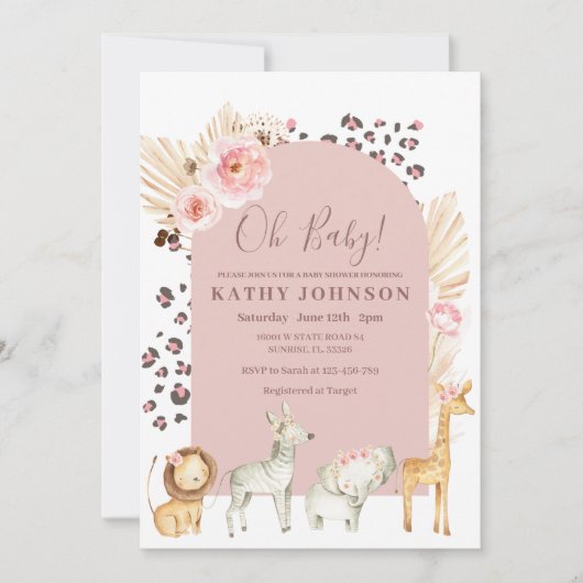Animal Safari Boho Pampas Grass Arch Baby shower Kaart (Voorkant)