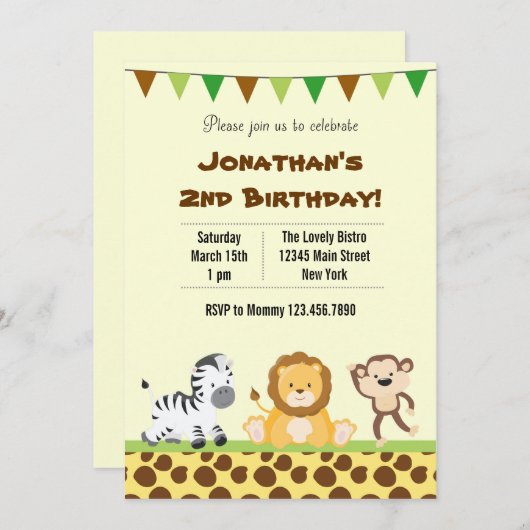 Animal Safari verjaardagsfeestje uitnodiging (Voorkant / Achterkant)